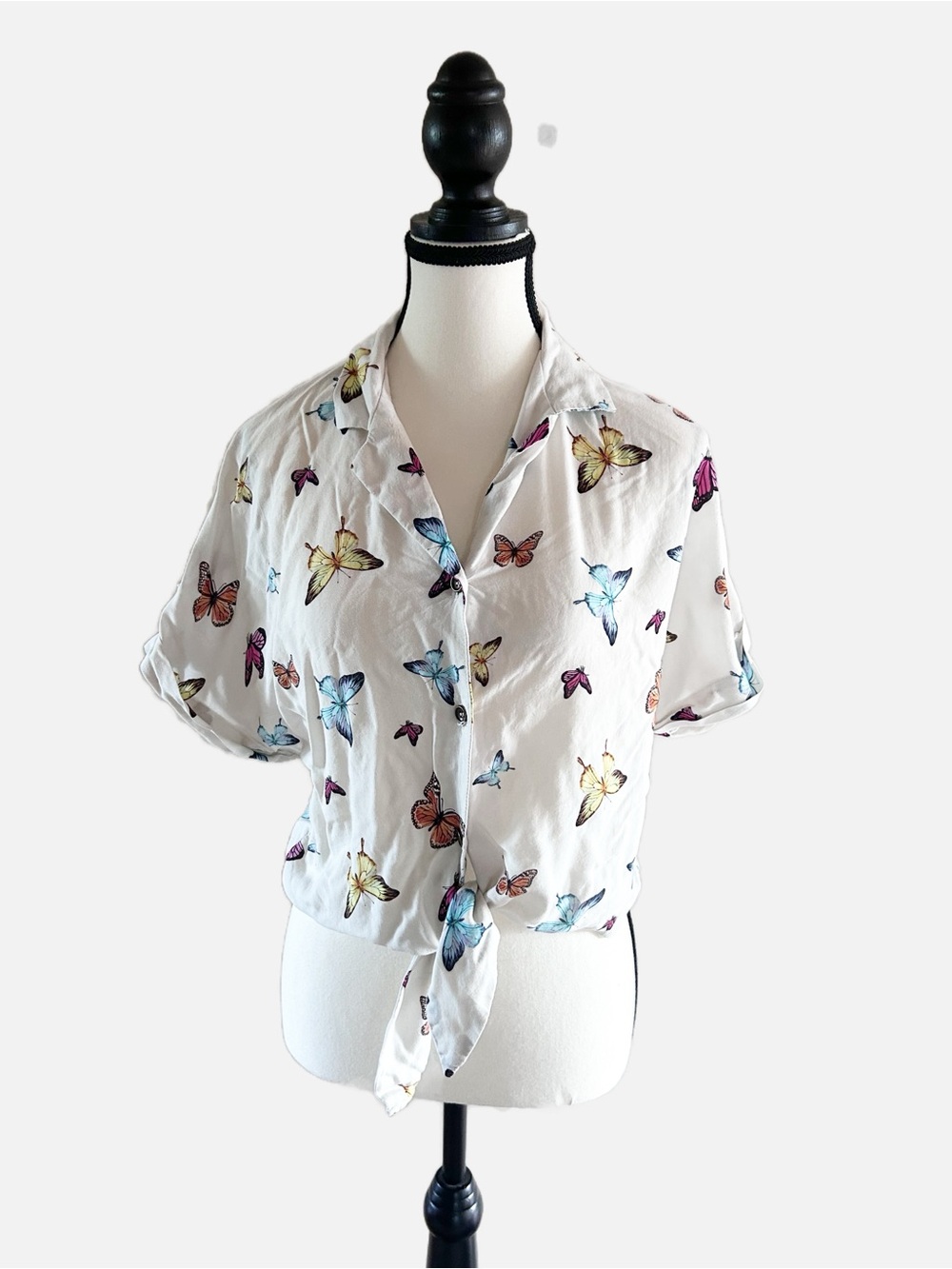 Harlow Butterfly Print Cream Tie-Front Short Sleeve Top Size Small Festival
